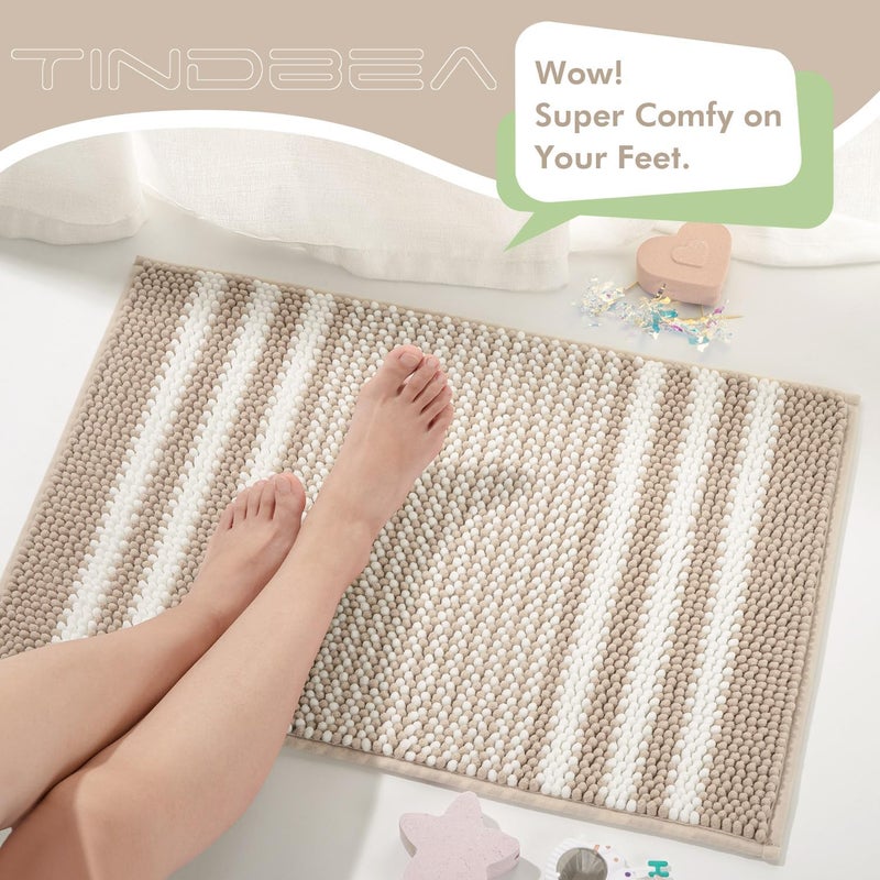 Tindbea Bathroom Rugs Set 2 Piece, Extra Soft and Absorbent Fluffy Striped Chenille Bath Mat Rug Set, Non Slip Bathroom Floor Mat, Machine Washable (20" x 32" Plus 16" x 24", Khaki) - Image 5