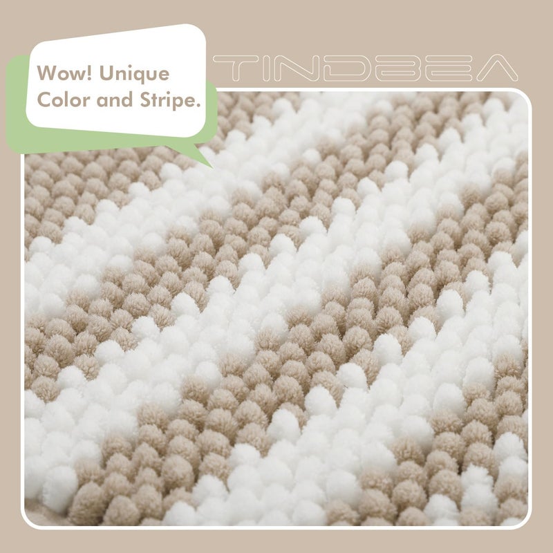 Tindbea Bathroom Rugs Set 2 Piece, Extra Soft and Absorbent Fluffy Striped Chenille Bath Mat Rug Set, Non Slip Bathroom Floor Mat, Machine Washable (20" x 32" Plus 16" x 24", Khaki) - Image 4