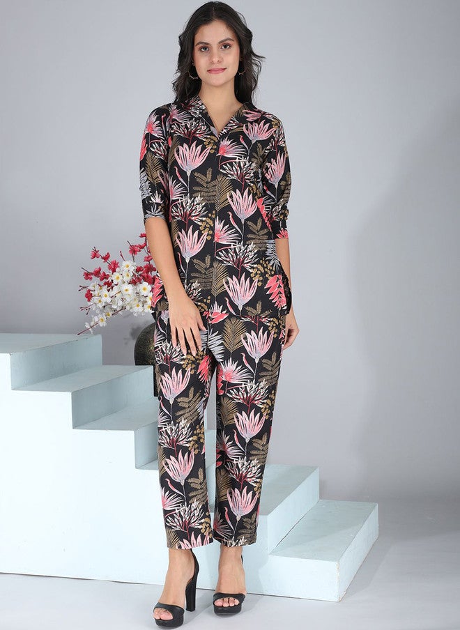 FIMS طقم تونك وبنطلون بالازو مزخرف بالورود للنساء - Image 5