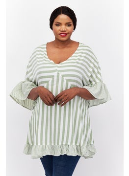 Women Plus Size V Neck Short Sleeve Stripe Top, White