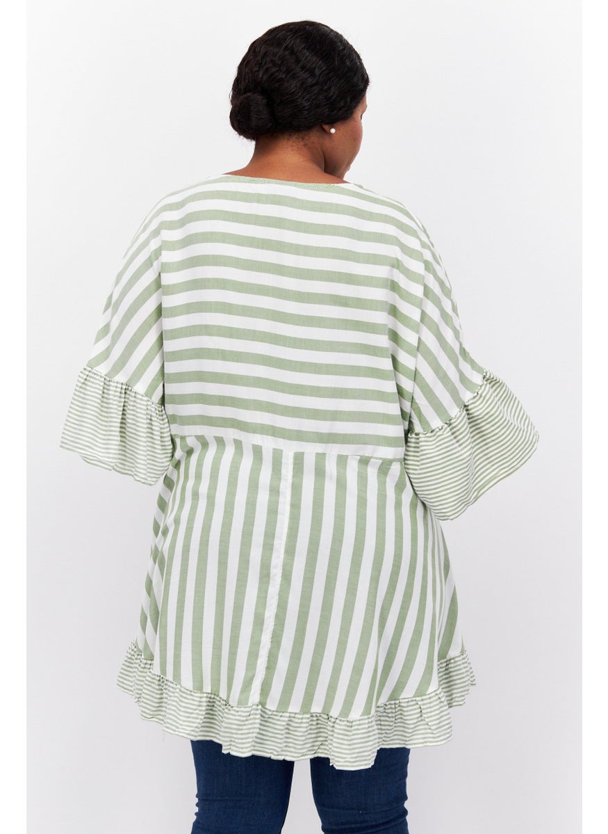 EVANS - Women Plus Size V Neck Short Sleeve Stripe Top, White - Image 1