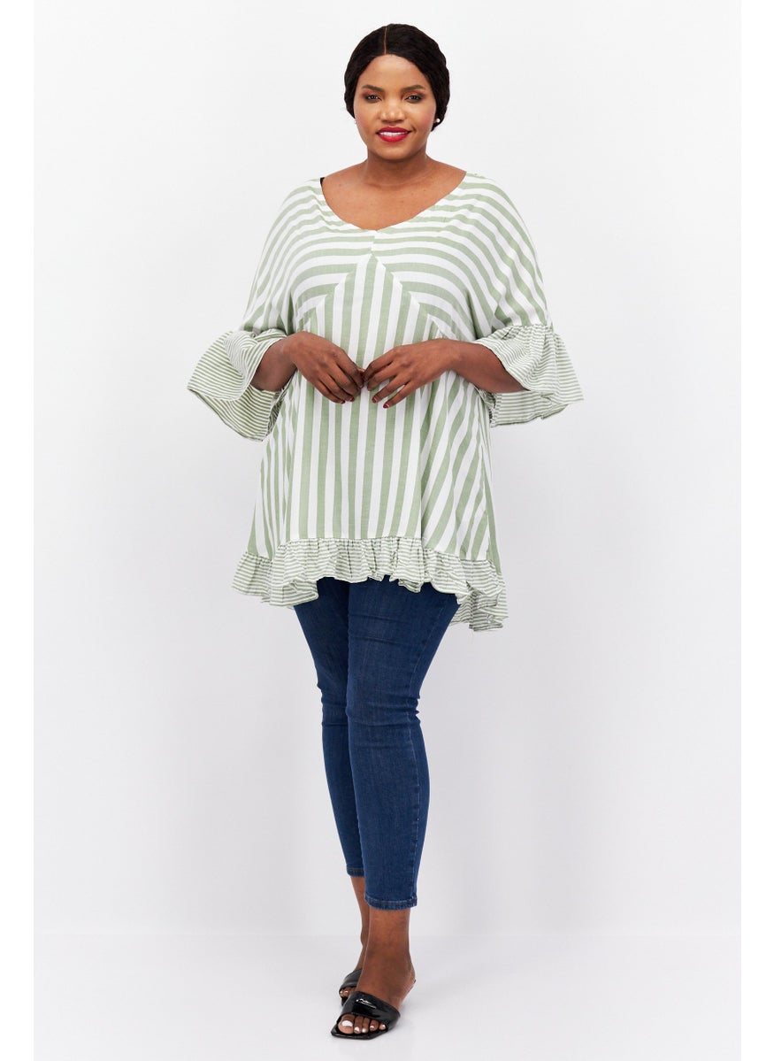 EVANS - Women Plus Size V Neck Short Sleeve Stripe Top, White - Image 1