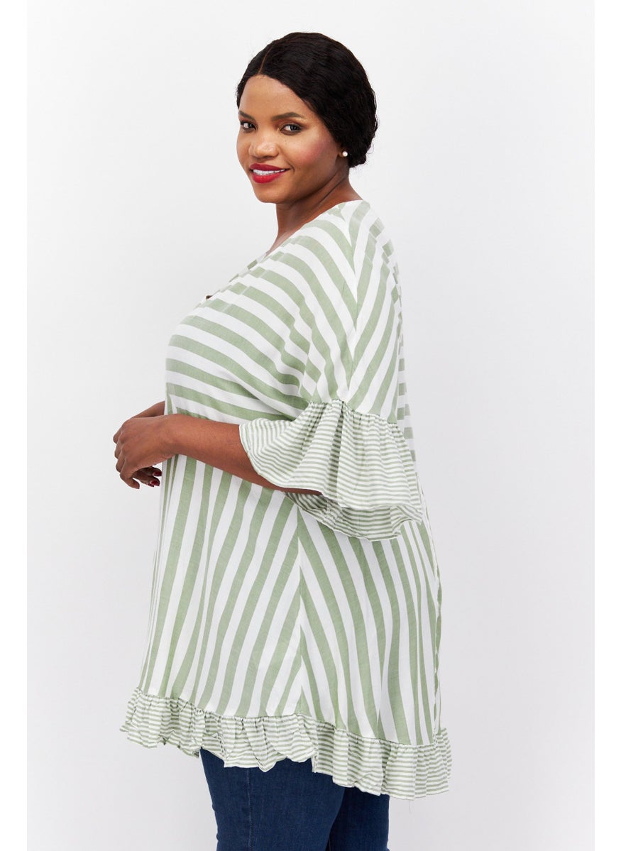 EVANS - Women Plus Size V Neck Short Sleeve Stripe Top, White - Image 1