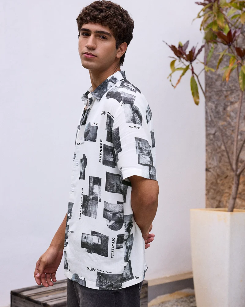 بيواكوف Men's White & Black All Over Printed Oversized Shirt