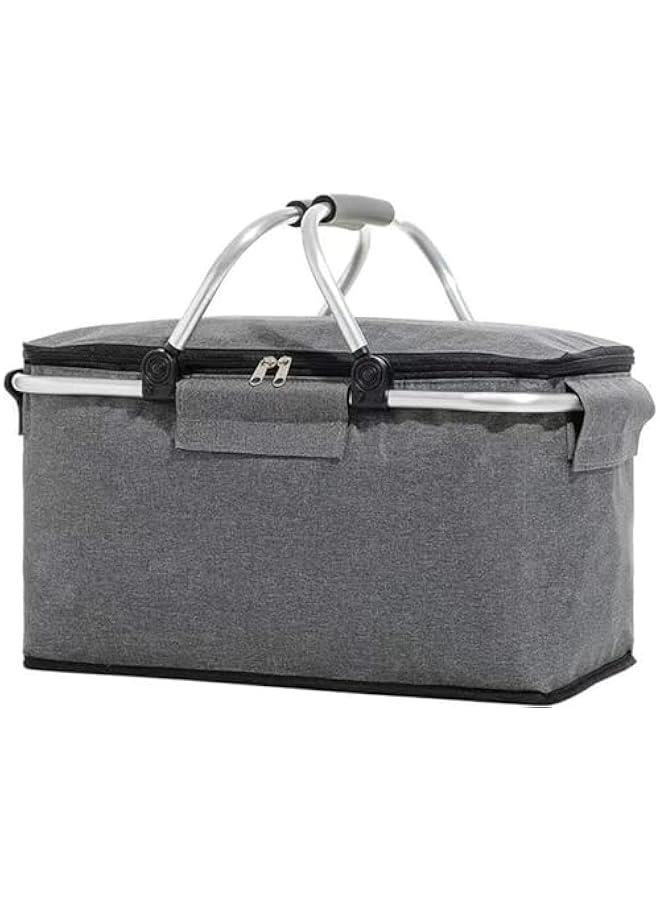 HOOKOR Picnic Basket Bag,Portable Collapsible Shopping Basket with Aluminium Handles,Lunch Box Organizer,Insulated Cooler Bag,Grocery Bag,for Shopping, Travel, Camping (Grey)  - Image 1