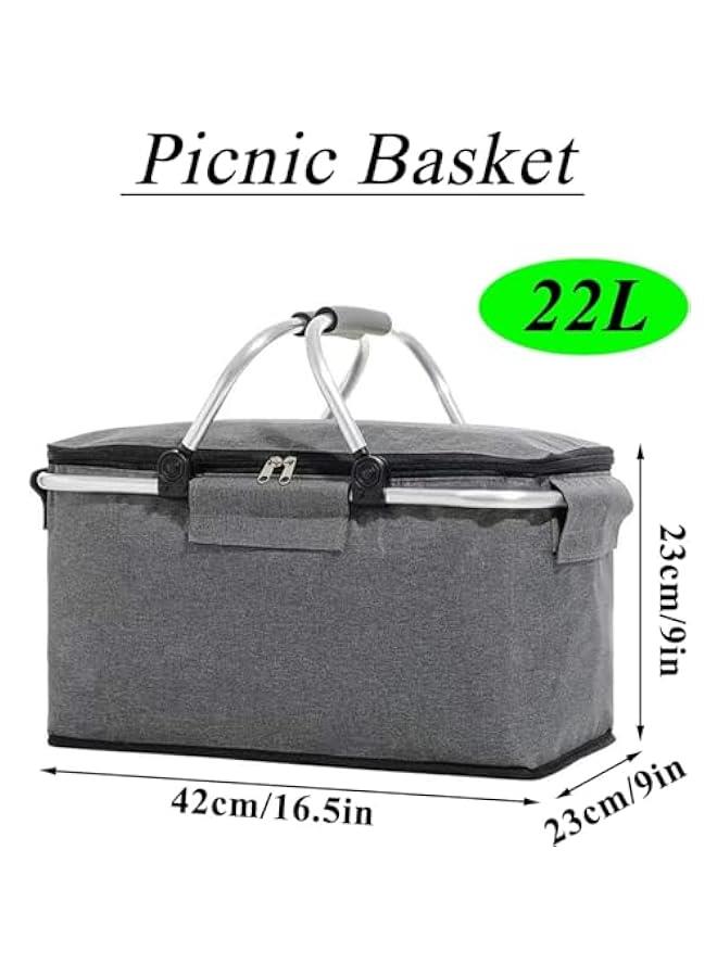 HOOKOR Picnic Basket Bag,Portable Collapsible Shopping Basket with Aluminium Handles,Lunch Box Organizer,Insulated Cooler Bag,Grocery Bag,for Shopping, Travel, Camping (Grey)  - Image 2