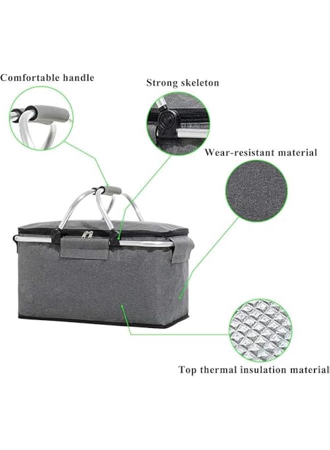 HOOKOR Picnic Basket Bag,Portable Collapsible Shopping Basket with Aluminium Handles,Lunch Box Organizer,Insulated Cooler Bag,Grocery Bag,for Shopping, Travel, Camping (Grey)  - Image 3