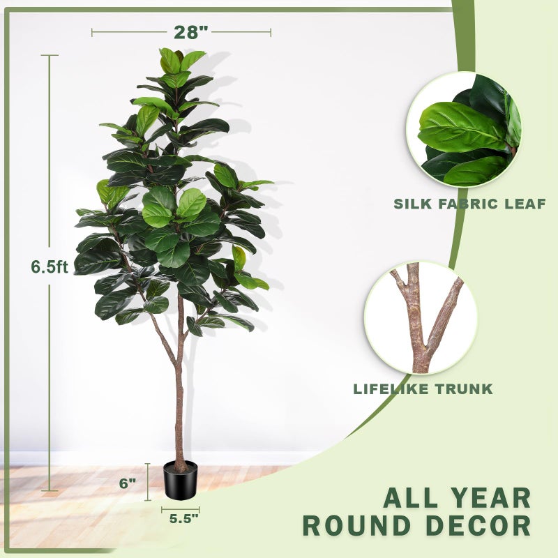 LYERSE Artificial Fiddle Leaf Fig Tree - 6.5ft Faux Ficus Lyrata Plant with 108 Fiddle Leaves Fake Fig Silk Tree in Pot Artificial Tree for Indoor Outdoor Home Office Perfect Housewarming - Image 2