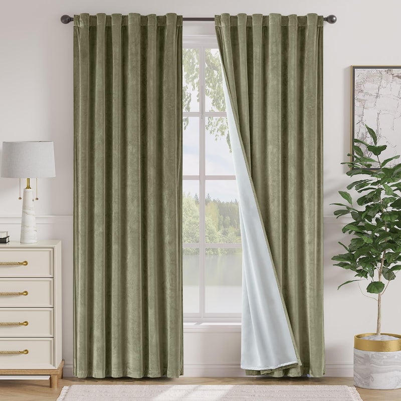 Lazzzy Green Velvet Curtains 84 Inch Long Blackout Thermal Insulated Room Darkening Lined Curtain Drapes Luxury Back Tab Window Treatments for Bedroom Living Room 2 Panels, 52 x 84 Inch, Olive Sage - Image 1