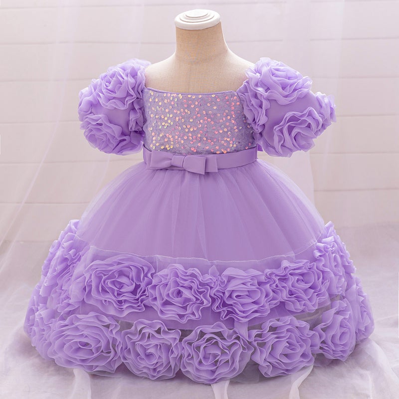 Cross-border New Girls Dress Decal Princess Dress One-year-old Dress Flower Girl Dress Bubble Sleeve Rose dress L2283XZ-Purple