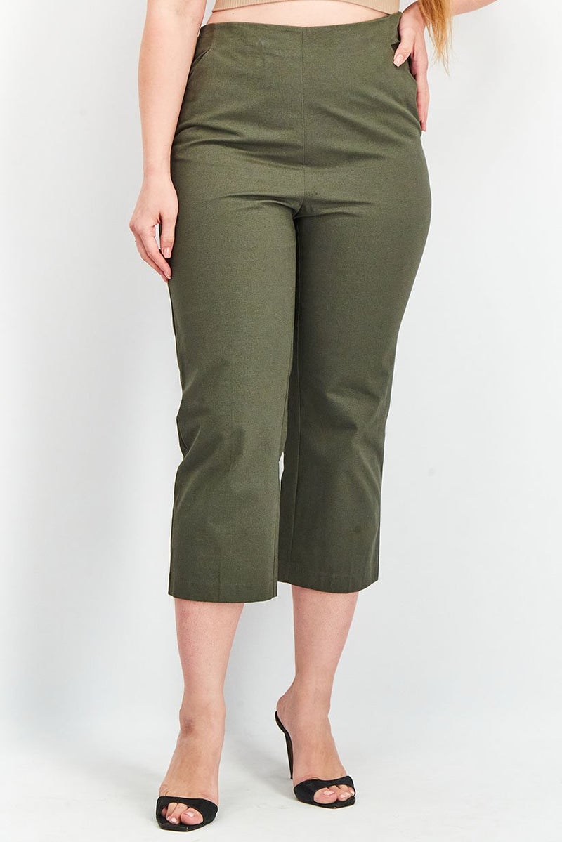 Tchibo Women Regular Fit Plain Capri Pants, Olive - Image 1
