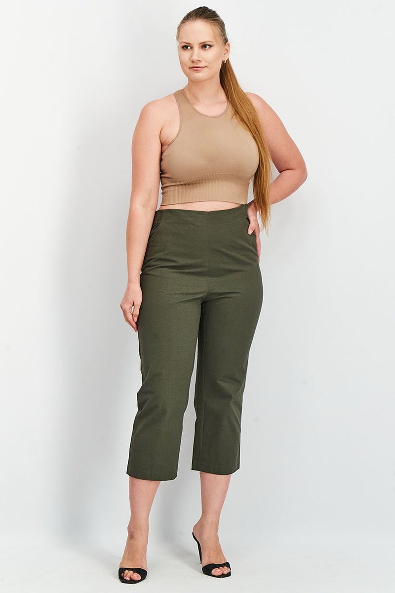 Tchibo Women Regular Fit Plain Capri Pants, Olive - Image 4