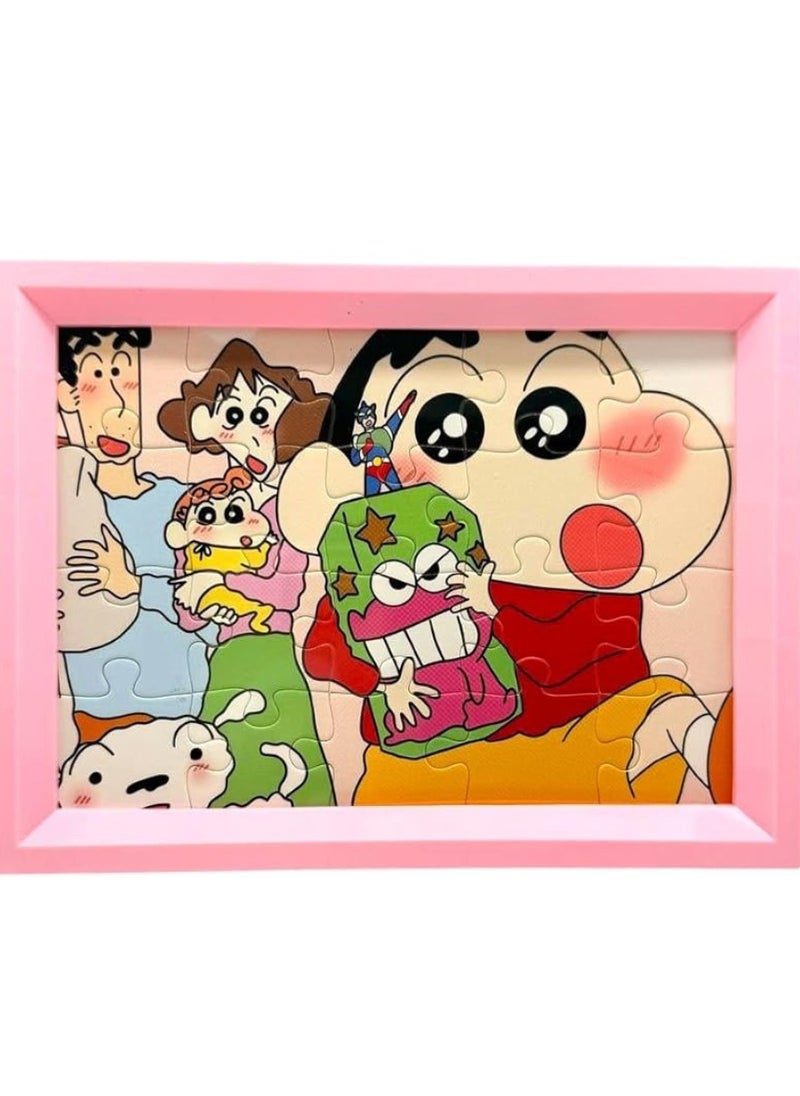 A small puzzle designed for children. The puzzle consists of interlocking pieces to form a colorful picture of cartoon characters.