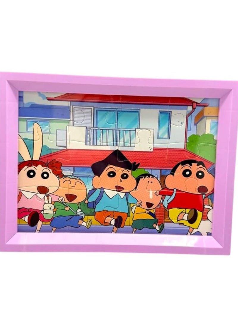 A small puzzle designed for children. The puzzle consists of interlocking pieces to form a colorful picture of cartoon characters.