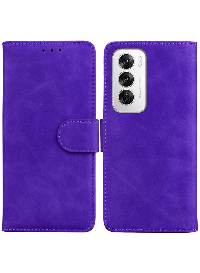 جراب هاتف قابل للطي من الجلد بلون نقي لهاتف OPPO Reno12 5G Global Skin Feel (أرجواني)