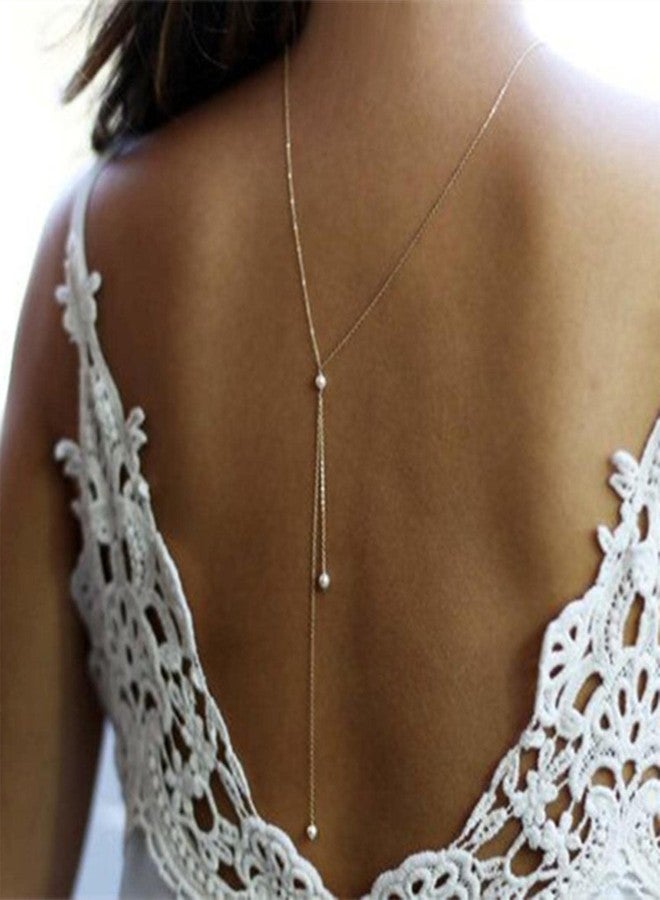 Yheakne Boho Pearl Back Chain Necklace Gold Layered Backdrop Necklace Body Chain Pearl Bridal Back Drop Chain Summer Beach Body Jewelry for Women Gifts (Gold) - Image 2