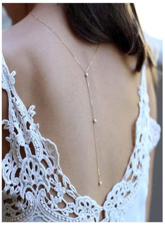 Yheakne Boho Pearl Back Chain Necklace Gold Layered Backdrop Necklace Body Chain Pearl Bridal Back Drop Chain Summer Beach Body Jewelry for Women Gifts (Gold) - Image 3