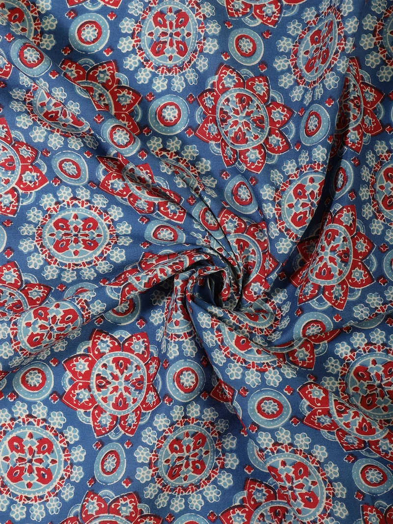 أيه كيه إس Mandala Block Print Fabric - Blue and Red - One Meter