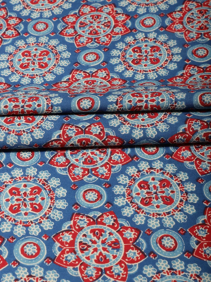 أيه كيه إس Mandala Block Print Fabric - Blue and Red - One Meter