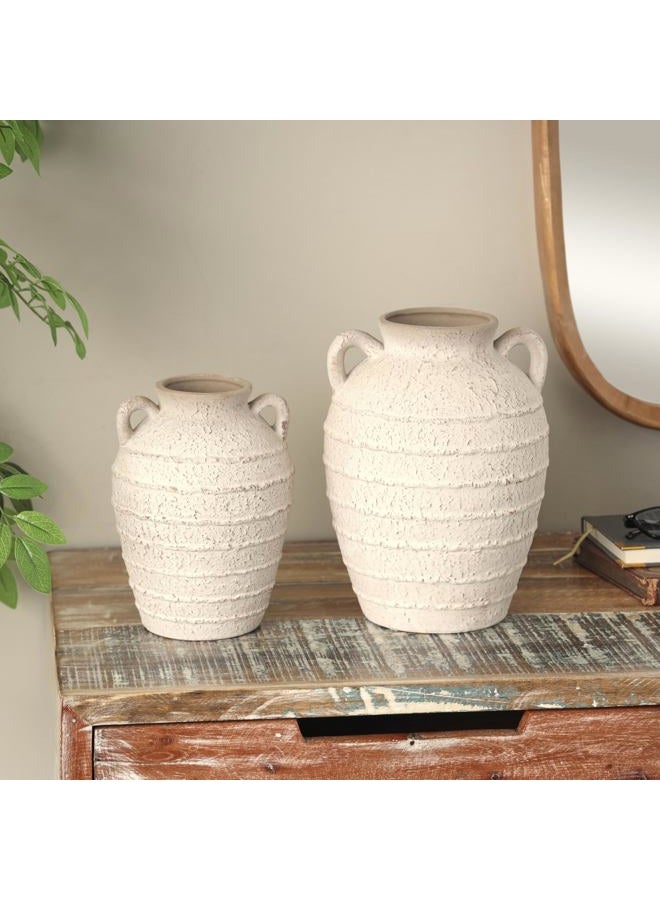 Deco 79 Ceramic Textured Vase with Handles and Terracotta Accents, Set of 2 11", 9" H, Cream - Image 3