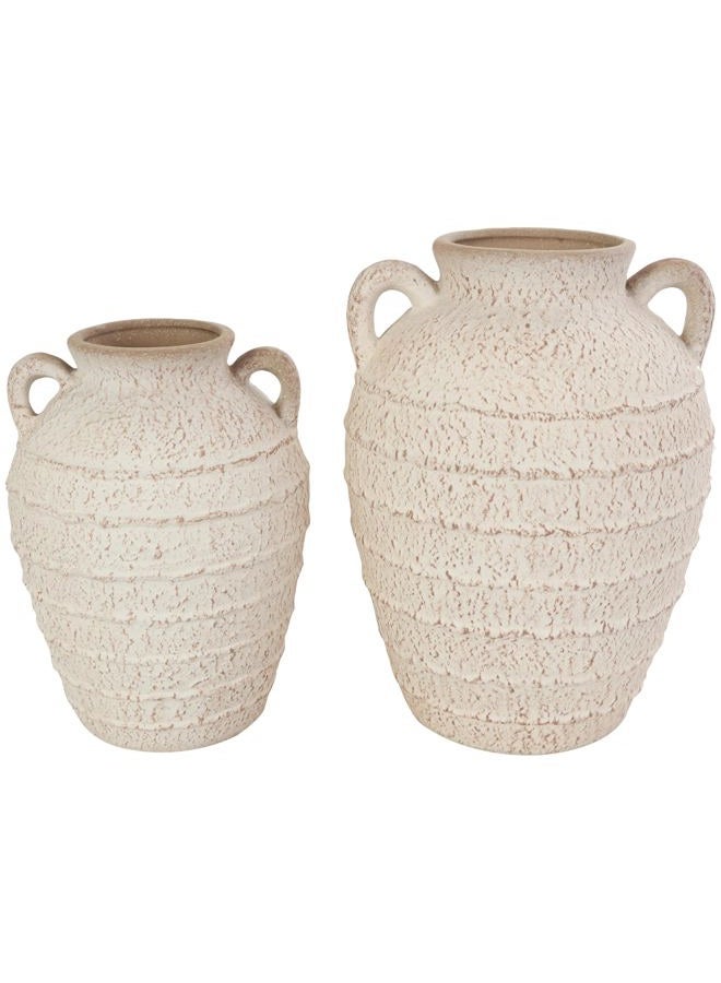 Deco 79 Ceramic Textured Vase with Handles and Terracotta Accents, Set of 2 11", 9" H, Cream - Image 1