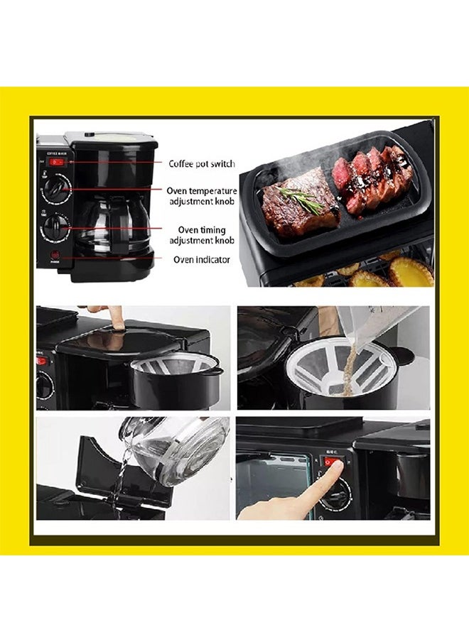 3 in 1 Breakfast Maker,Multifunctional Coffee Maker,Frying Pan,Oven,Non-stick Material,1100w Fast Heating,Suitable for Cooking Bread/Steak/Coffee