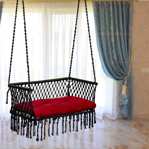 Patiofy كرسي أرجوحة مزدوج مع مسند ذراع من باتيوفي / أرجوحة معلقة لشخصين / جولا للبالغين / 2 شرفة / سعة تحمل وزن 200 كجم / مجموعة تعليق ووسادة متضمنة - أسود - بوليستر - Image 1