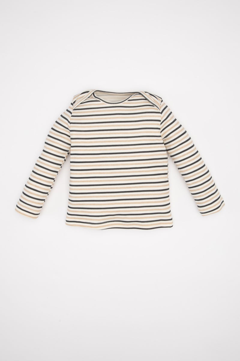DeFacto Baby Boy Striped Long Sleeve T-Shirt Jean Salopet 2 Piece Set - Image 2