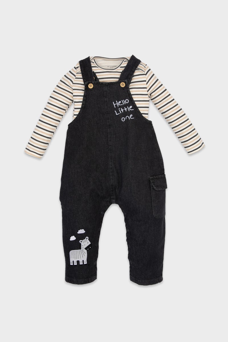 DeFacto Baby Boy Striped Long Sleeve T-Shirt Jean Salopet 2 Piece Set - Image 1