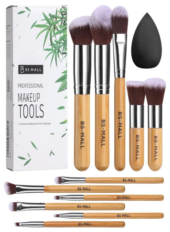 BS Mall BS-MALL Makeup Brush Set 11Pcs Bamboo Synthetic Kabuki Brush Set Foundation Powder Blending Concealer Eye shadows Blush Cosmetics Brushes with Organizer Bag & Makeup Sponge - Image 1