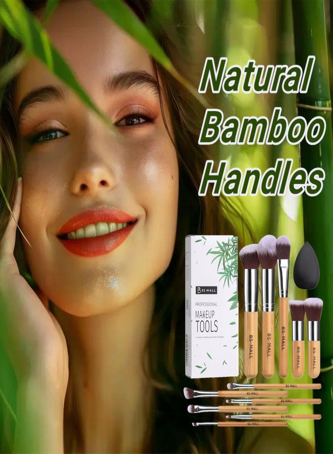 BS Mall BS-MALL Makeup Brush Set 11Pcs Bamboo Synthetic Kabuki Brush Set Foundation Powder Blending Concealer Eye shadows Blush Cosmetics Brushes with Organizer Bag & Makeup Sponge - Image 5