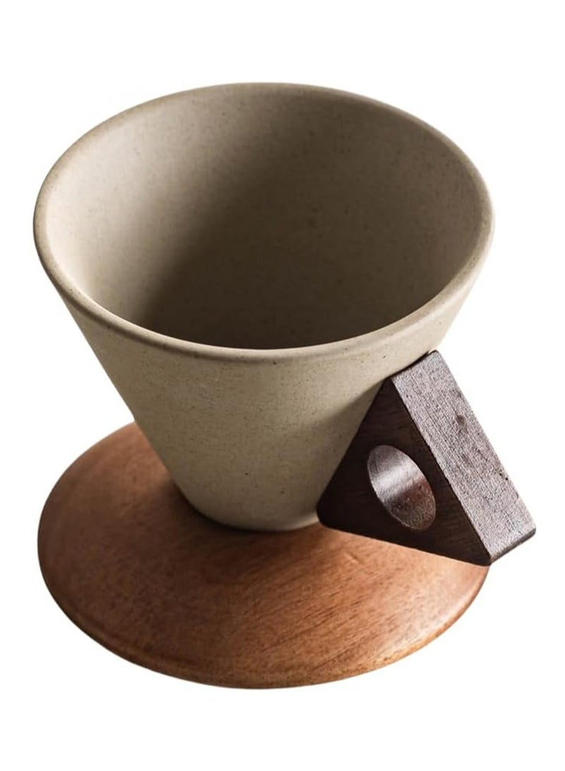 ايكانبو كوب قهوة سيراميكي عتيق سعة 250 مل، مجموعة أكواب قهوة مخروطية إبداعية للنساء أنيقة وصغيرة الحجم، بمقبض من الخشب الصلب وقاعدة أكواب، مناسبة للاستخدام في المنزل والمطعم والحفلات والمكتب - Image 1