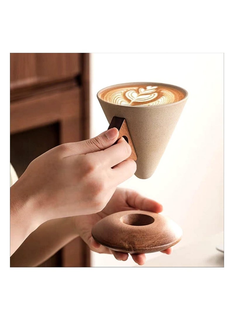 ايكانبو كوب قهوة سيراميكي عتيق سعة 250 مل، مجموعة أكواب قهوة مخروطية إبداعية للنساء أنيقة وصغيرة الحجم، بمقبض من الخشب الصلب وقاعدة أكواب، مناسبة للاستخدام في المنزل والمطعم والحفلات والمكتب - Image 2