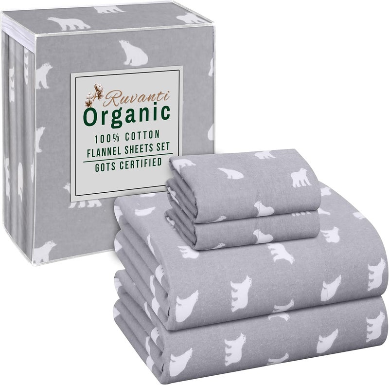 RUVANTI Flannel Sheets Queen Size - GOTS Certified 100% Organic Cotton, 4 Piece Warm, Soft & Breathable Set, Deep Pocket Snug Fit, Double Brushed Cozy All Season Bedding, Baby Bear - Image 1