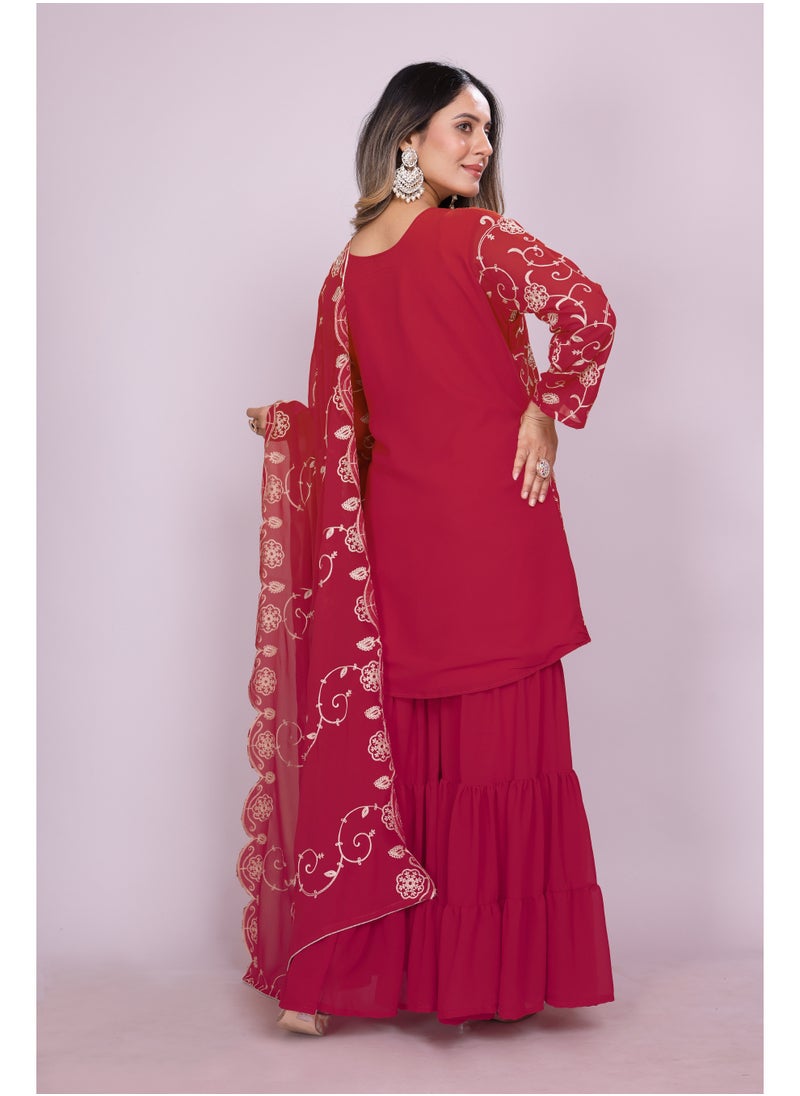 Super Asian Graceful Fox Georgette Embroidered Sharara Set with Dupatta  - Image 5