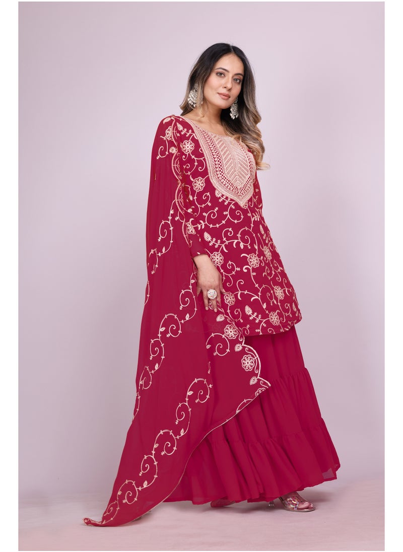 Super Asian Graceful Fox Georgette Embroidered Sharara Set with Dupatta  - Image 2