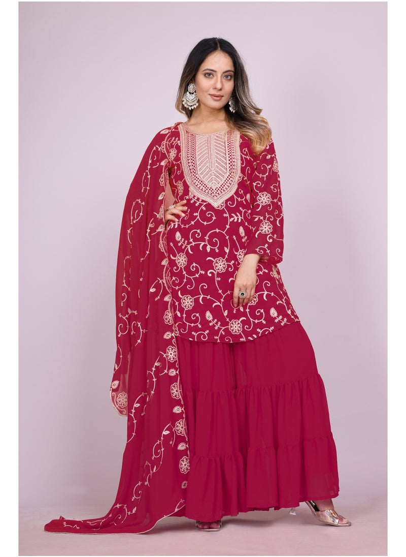 Super Asian Graceful Fox Georgette Embroidered Sharara Set with Dupatta  - Image 1