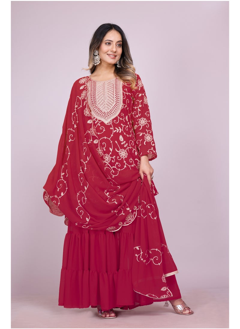 Super Asian Graceful Fox Georgette Embroidered Sharara Set with Dupatta  - Image 3