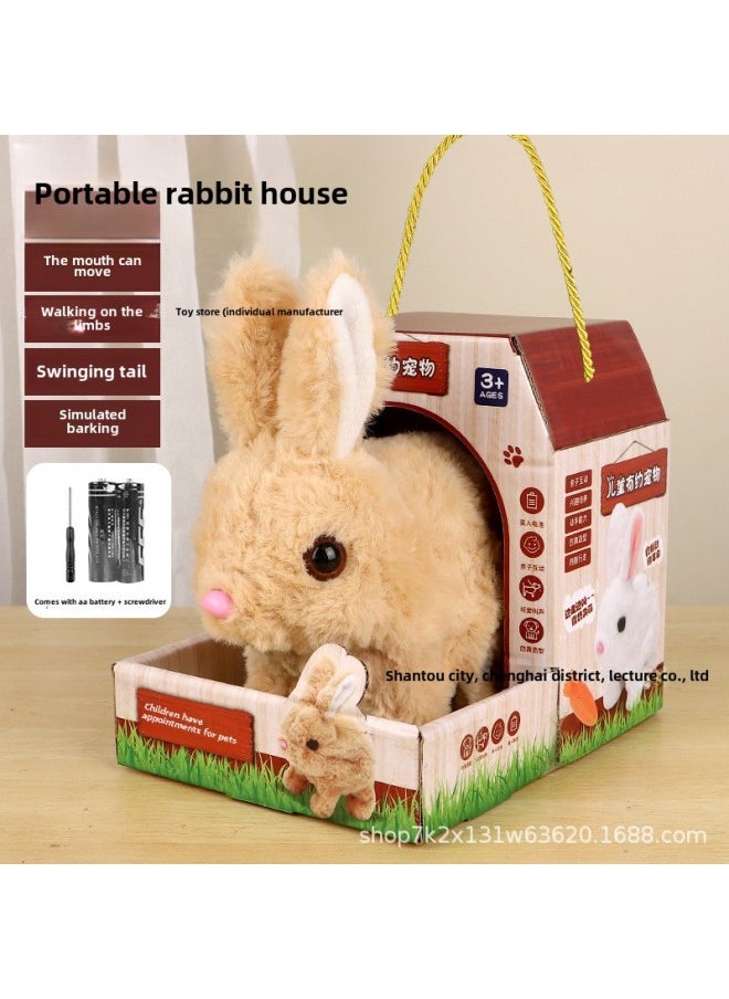 Children's Toy Rabbit Walking Can Call Baby Electric Plush Pet Can Make A Sound Boy Girl Pet Play House-Colour:Apricot Rabbit + Standard Rabbit Nest + Lighting-Specification:Charger + Battery + Screwdriver  - Image 1