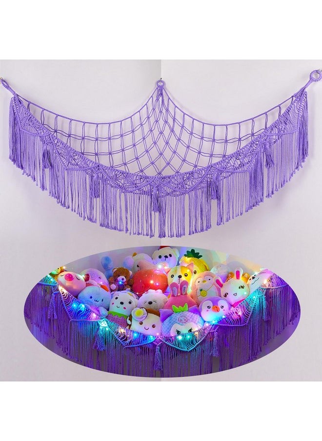 Basumee Basumee Stuffed Animals Hammock with LED Light Corner Hanging Net for Stuffed Animals Storage Girls Room Decor Stuff Animals Organizer Holder with Tassels Toy Hammock Storage, Purple  - Image 1