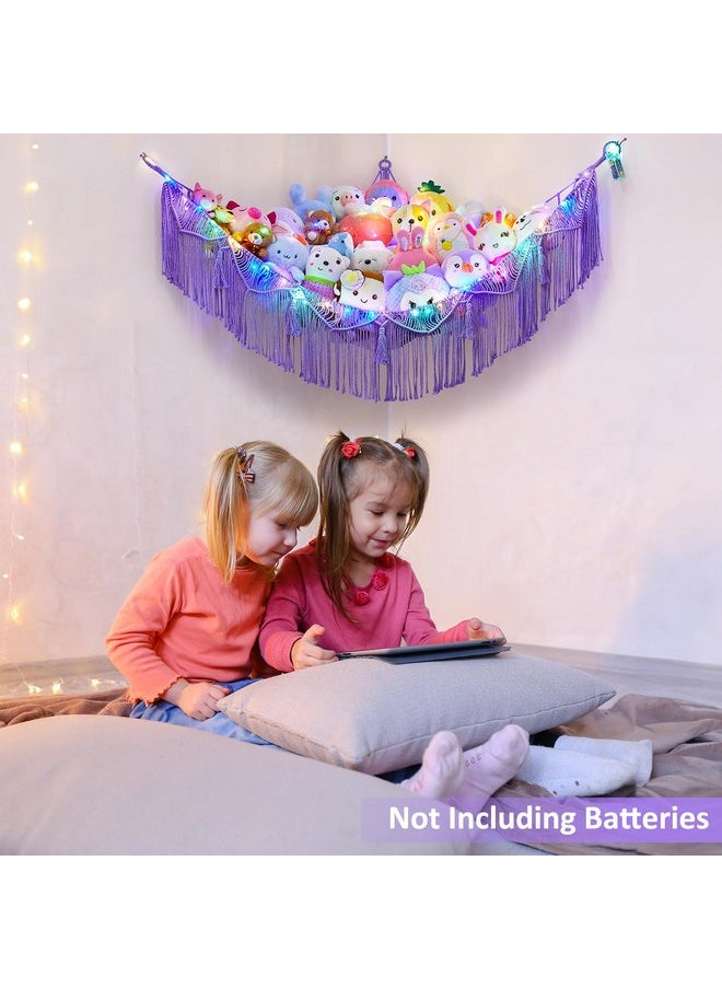 Basumee Basumee Stuffed Animals Hammock with LED Light Corner Hanging Net for Stuffed Animals Storage Girls Room Decor Stuff Animals Organizer Holder with Tassels Toy Hammock Storage, Purple  - Image 2