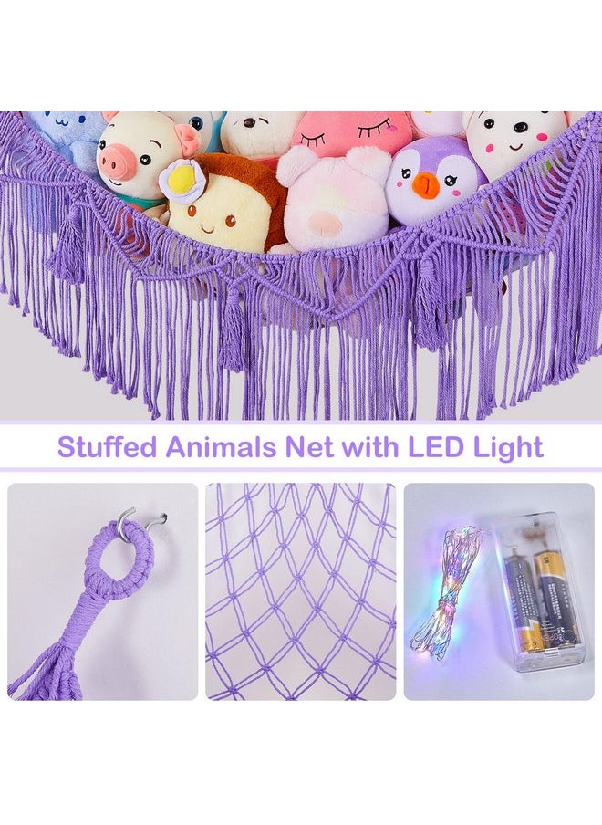 Basumee Basumee Stuffed Animals Hammock with LED Light Corner Hanging Net for Stuffed Animals Storage Girls Room Decor Stuff Animals Organizer Holder with Tassels Toy Hammock Storage, Purple  - Image 4