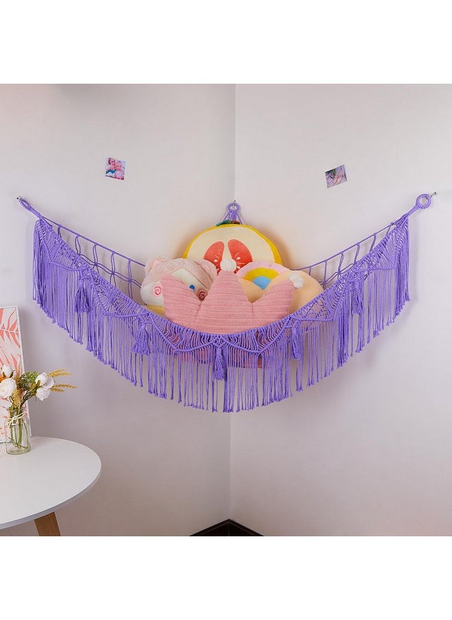 Basumee Basumee Stuffed Animals Hammock with LED Light Corner Hanging Net for Stuffed Animals Storage Girls Room Decor Stuff Animals Organizer Holder with Tassels Toy Hammock Storage, Purple  - Image 5