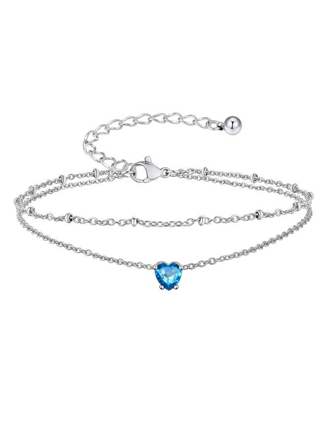 Suplight Ankle Bracelets for Women Waterproof Dainty Layered CZ Waterproof Stackable Adjustable Anklet Bracelet Foot Chain Summer Beach Jewelry Gift for Women Blue Topaz Heart Birthstone - Image 1