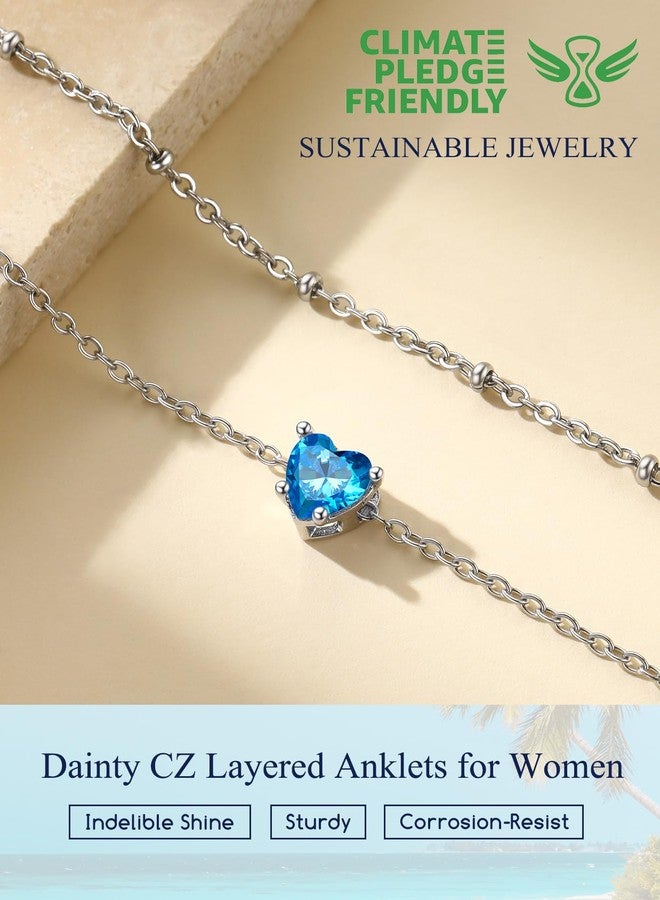 Suplight Ankle Bracelets for Women Waterproof Dainty Layered CZ Waterproof Stackable Adjustable Anklet Bracelet Foot Chain Summer Beach Jewelry Gift for Women Blue Topaz Heart Birthstone - Image 5