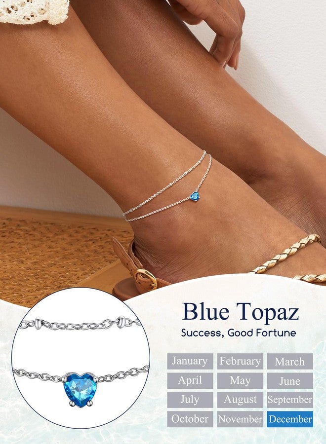 Suplight Ankle Bracelets for Women Waterproof Dainty Layered CZ Waterproof Stackable Adjustable Anklet Bracelet Foot Chain Summer Beach Jewelry Gift for Women Blue Topaz Heart Birthstone - Image 4