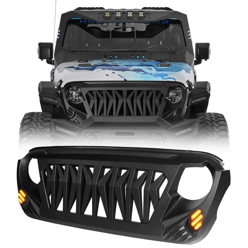 Hooke Road JLJT Front Grill Cover Shark Grille Guard for Jeep Wrangler JL JLU  Gladiator JT 20182025 Amber Signal Lights Included