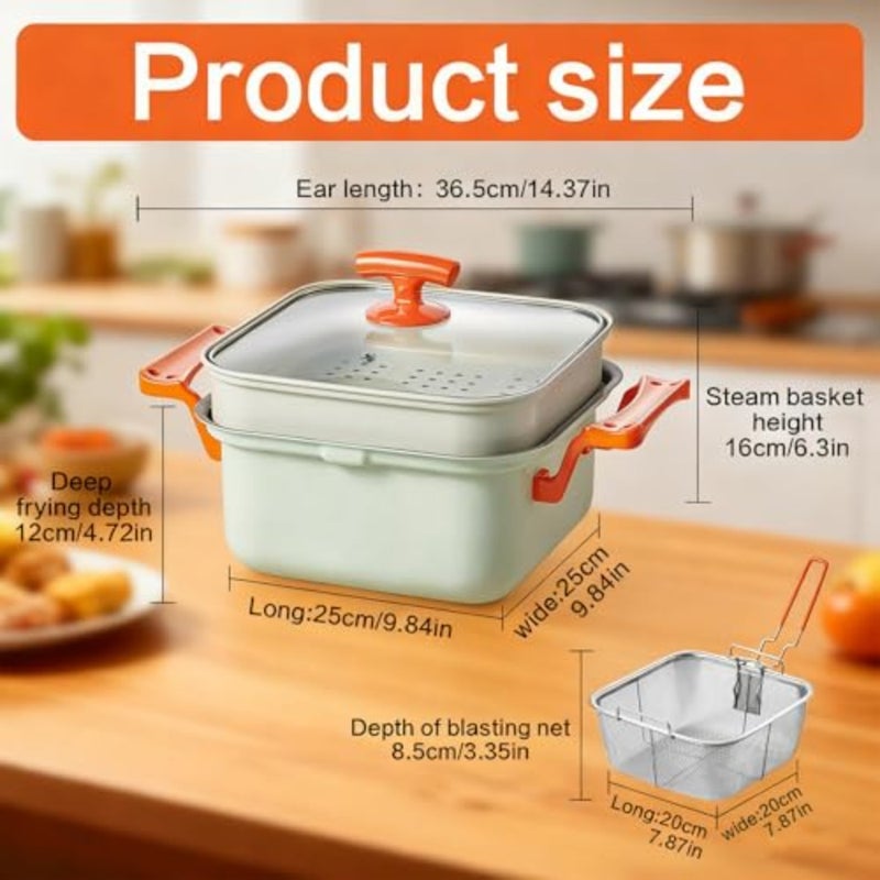 Deep Fryer Steamer Pot for home cooking, nonstick Maifan stone coating, black, easy-clean with 4.5L capacity, glass lid, metal steamer rack and stainless steel fry basket - Image 2