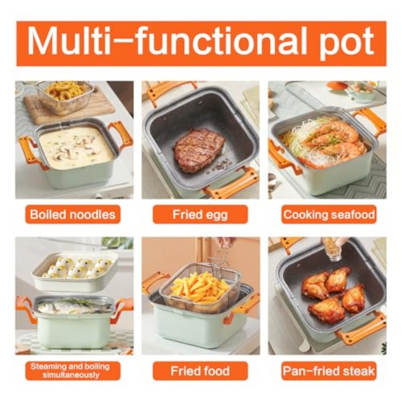 Deep Fryer Steamer Pot for home cooking, nonstick Maifan stone coating, black, easy-clean with 4.5L capacity, glass lid, metal steamer rack and stainless steel fry basket - Image 3