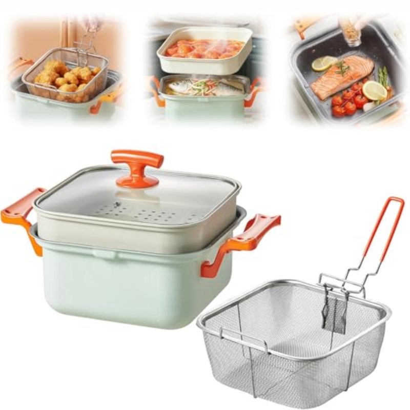 Deep Fryer Steamer Pot for home cooking, nonstick Maifan stone coating, black, easy-clean with 4.5L capacity, glass lid, metal steamer rack and stainless steel fry basket - Image 1